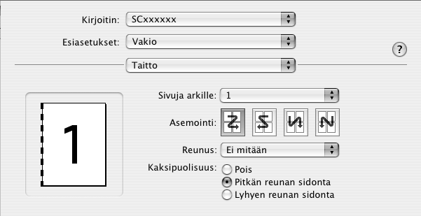 TULOSTUS Macintosh (1) (2) (1) Valitse [Taitto]. (2) Valitse [Pitkän reunan sidonta] tai [Lyhyen reunan sidonta]. Mac OS X v10.2.8:ssa, valitse asetukset tilassa [Lisäasetukset].