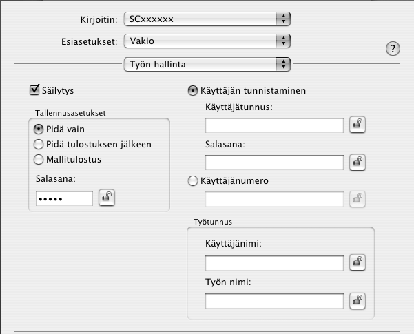 TULOSTUS Macintosh (2) (1) (1) Valitse [Työn hallinta]. (2) Valitse säilytysasetus. Napsauta [Säilytys]-valintaruutua. Valitse säilytystapa kohdasta "Tallennusasetukset".