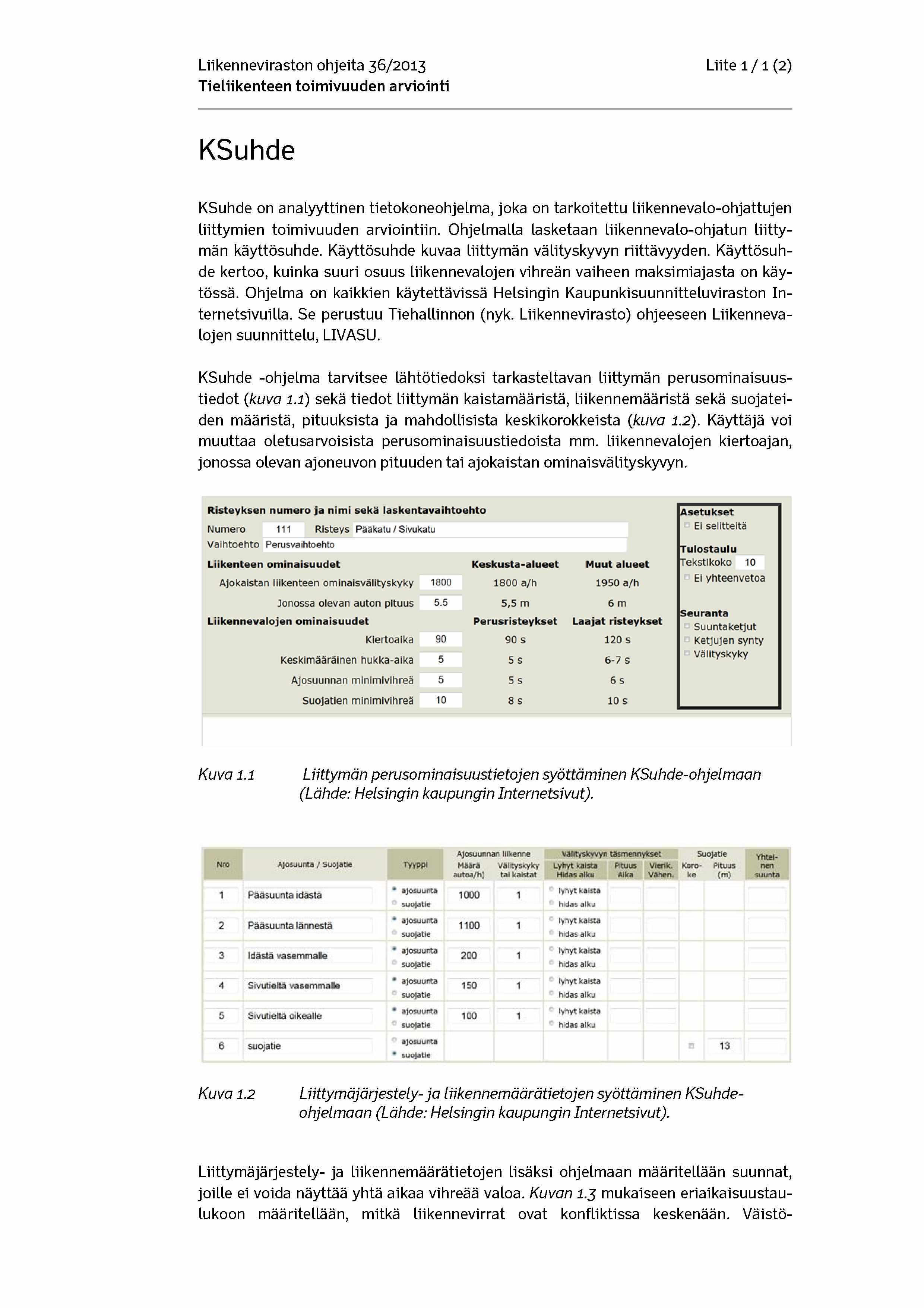 Liikenneviraston ohjeita 36/2013 Liite 1 / 1 (2) KSuhde KSuhde on analyyttinen tietokoneohjelma, joka on tarkoitettu liikennevalo-ohjattujen liittymien toimivuuden arviointiin.