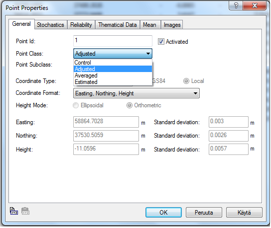 42 Kuvio 8: Point properties -ikkuna. Leica Geo Office. Tunnetuille pisteille vaihdetaan point class kohtaan arvoksi Control ja laskettaville pisteille Estimated.