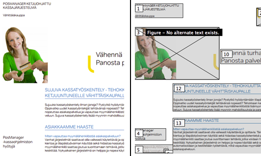 27 Kuva 16. Vasemmalla Sonet.fi-sivuston PDF-tiedosto, niin kuin se näyttää kävijöille. Oikealla näkyy TouchUp-työkalun määrittämä lukemisjärjestys. (16.