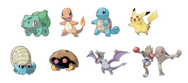 Bulbasaur, Charmander, Squirtle, Pikachu, Omanyte, Kabuto, Aerodactyl, Hitmonchan ja Hitmonlee ovat