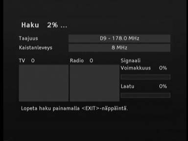 Käyttö Päälle- / Poiskytkentä Kytke digiboksi päälle painamalla kaukosäätimen näppäintä PÄÄLLE/POIS (standby-näppäin) niin kauan kunnes näet kuvaruudussa tervehdyskuvan.