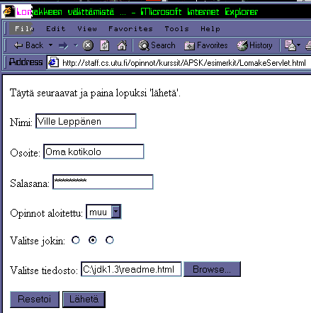 102 LUKU 9. WWW-TEKNIIKOISTA OLD CONTENT Kuva 9.5: LomakeServlet.html:n suorittaminen. Esimerkki 9.4 Servletti, joka vain selvittää, mitä parametrien kautta sille on lähetetty. import javax.servlet.