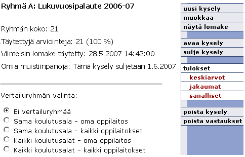 6. Tulosten tarkasteleminen Kyselyt -listassa valitaan kysely, jonka tuloksia halutaan tarkastella.