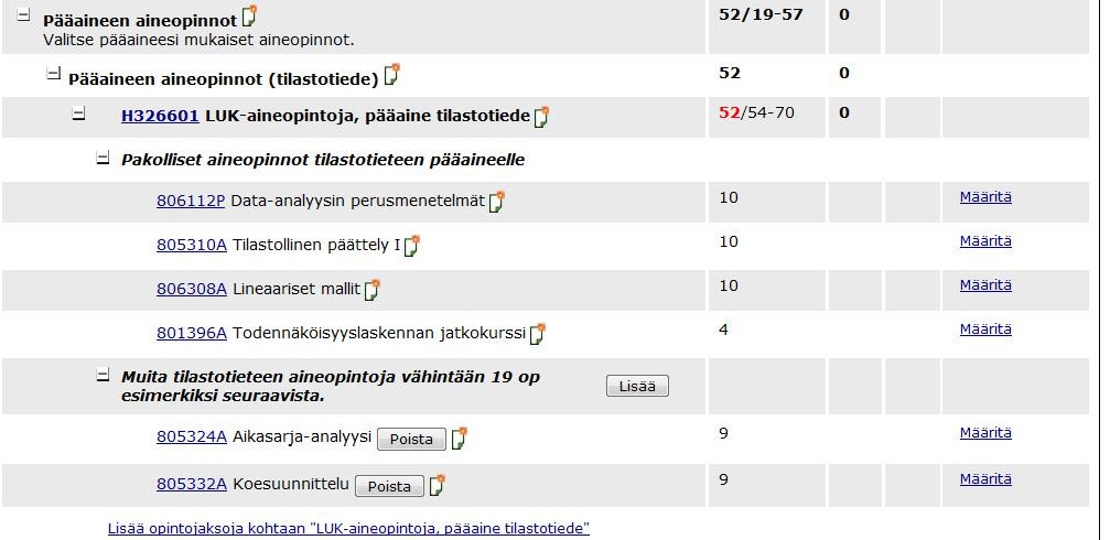 Seuraavassa kuvassa (kuva 15) on esimerkki siitä, miten pakolliset ja valinnaiset osiot yhden kokonaisuuden sisältyvyyksinä näkyvät opiskelijan HOPSissa.