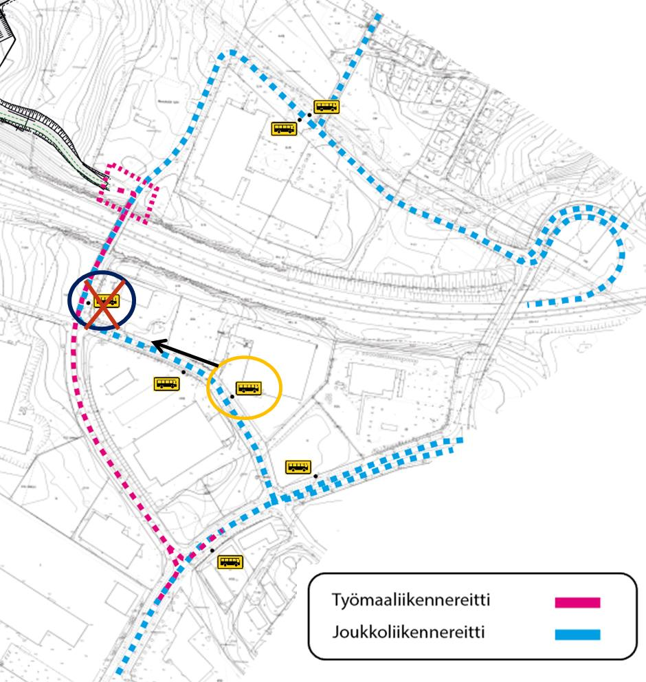 3.3 Joukkoliikenne Työmaan vaikutukset joukkoliikenteeseen ovat joukkoliikenteen pienen vuoromäärän vuoksi vähäiset.