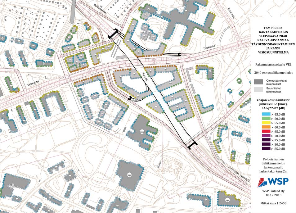 LIITE 3 (2/2) Alueen melutasot. Visiovaihtoehdon 1 rakennukset ja liikenne-ennuste 2040 / yö.