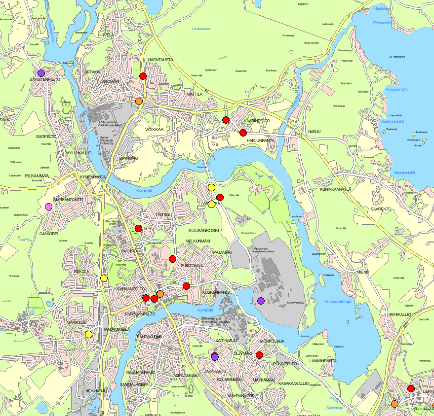 Kuusankoskella (kuva 18) melun aiheuttajaksi koetaan pääasiassa liikenne (ajoneuvot ja