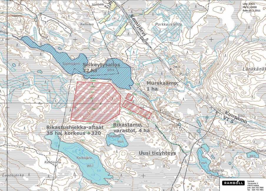 5.3.3 Vaihtoehto 2 (VE2) Rikastus Salmijärven kaakkoispuolella Vaihtoehdossa 2 malmin rikastus tehtäisiin Salmijärven alueella, jossa rikastushiekka-alue tulisi sijaitsemaan VT5:n länsipuolella