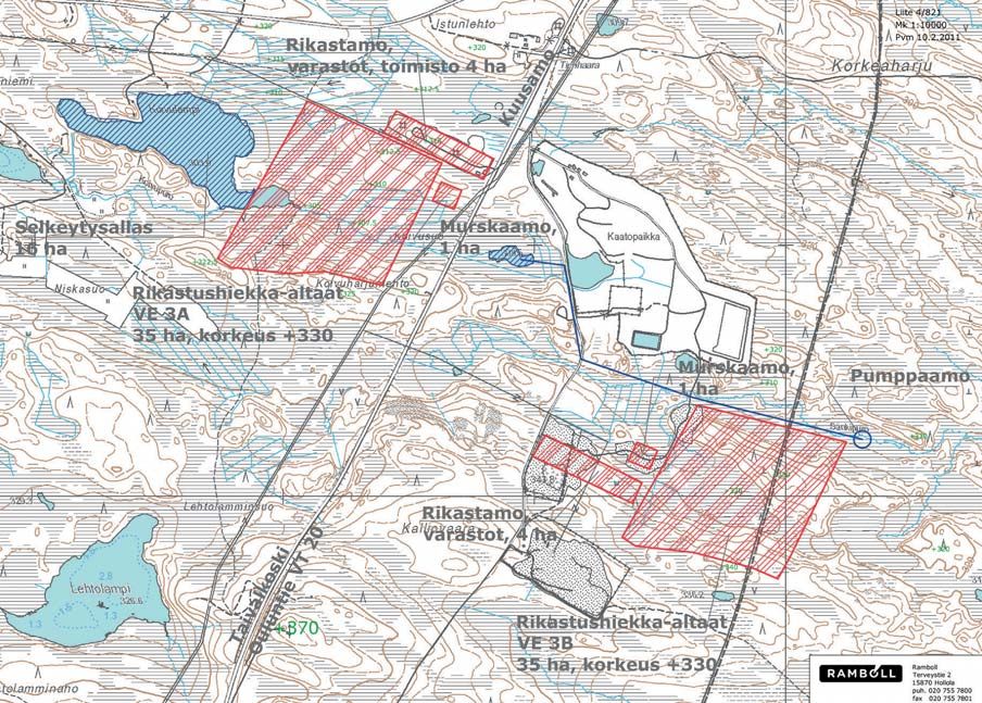 5.3.4 Vaihtoehto 3 (VE3A ja VE3B) Rikastus Kuusamon kaupungin jäteaseman alueella Vaihtoehdossa 3 rikastus tehtäisiin Kuusamon kaupungin jäteaseman alueella, jossa rikastushiekka-alueen osalta on