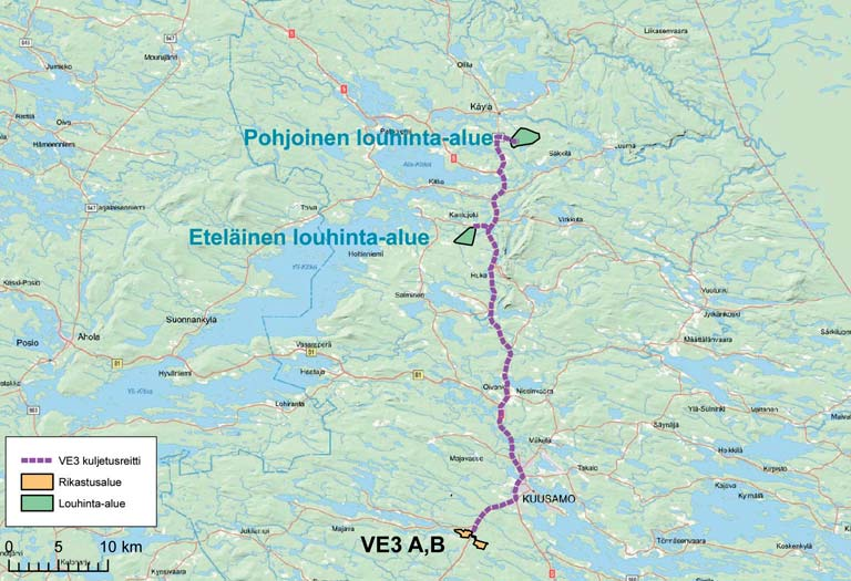 K uva 6-4. Kuva malmin kuljetusreitistä vaihtoehdossa VE2. Vaihtoehto 3 (VE3).