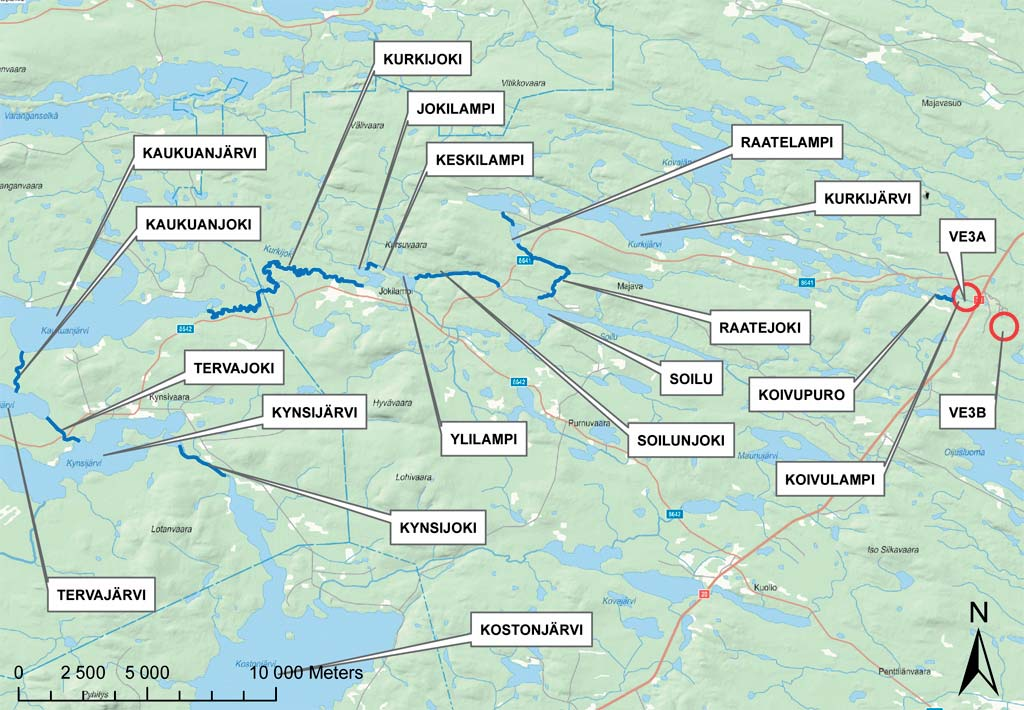 Eteläisten louhinta-alueiden ympäristössä Meurastuksenahon ja Sivakkaharjun kaivospiirialueiden pintavedet kulkeutuvat luontaisesti Kesäjoen kautta noin 5 km päässä sijaitsevaan Yli-Kitkan