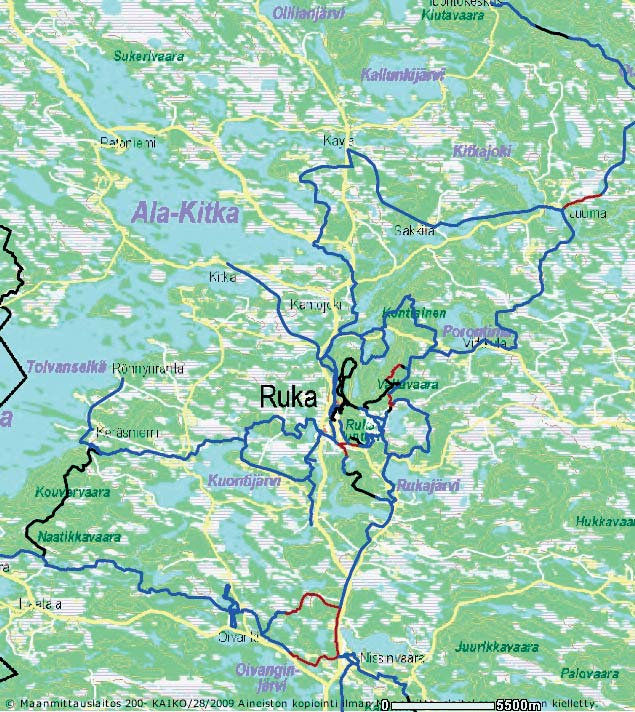 K uva 8-11. Rukan alueen retkeilyreitit (Metsähallitus 2011). K uva 8-12. Rukan ympäristön hiihtoladut (Kuusamon latureittipalvelu 2011). Vaihtoehto 2 (VE2).