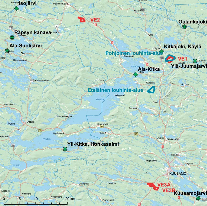 K uva 8-28. Vedenkorkeuden ja virtaaman havaintopaikat hankealueiden ympäristössä (OIVA 2010). Vaihtoehto VE1.