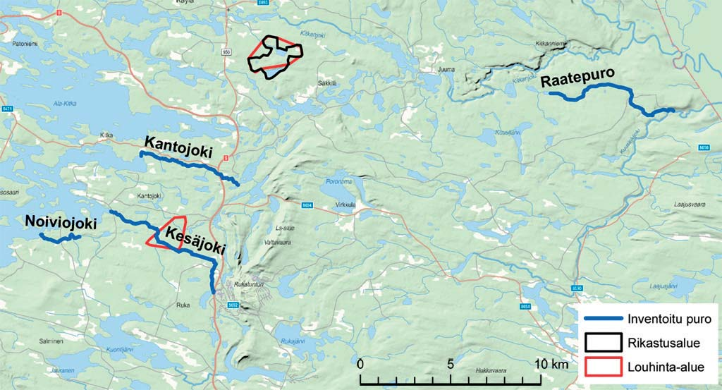 K uva 8-29. Inventoitujen purojen sijainti louhinta-alueiden ympäristössä. T aulukko 8-4. Inventoitujen purojen perustiedot (Jyrävänkoski 2009a-2009d).