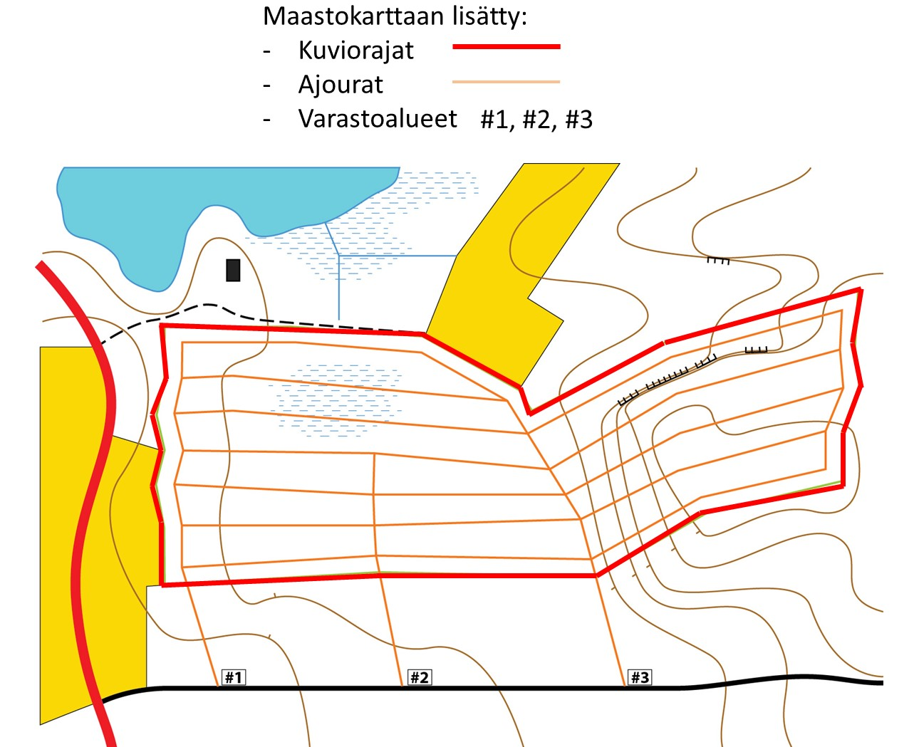 72 Kuva10. Ajouraehdotus peruskarttapohjalla. Kohteen kulkukelpoisuustiedoista laskettu ehdotus ajouraverkosta kohteelle, joka tukee kuljettajaa lopullisen ajouraverkon suunnittelussa. C1.