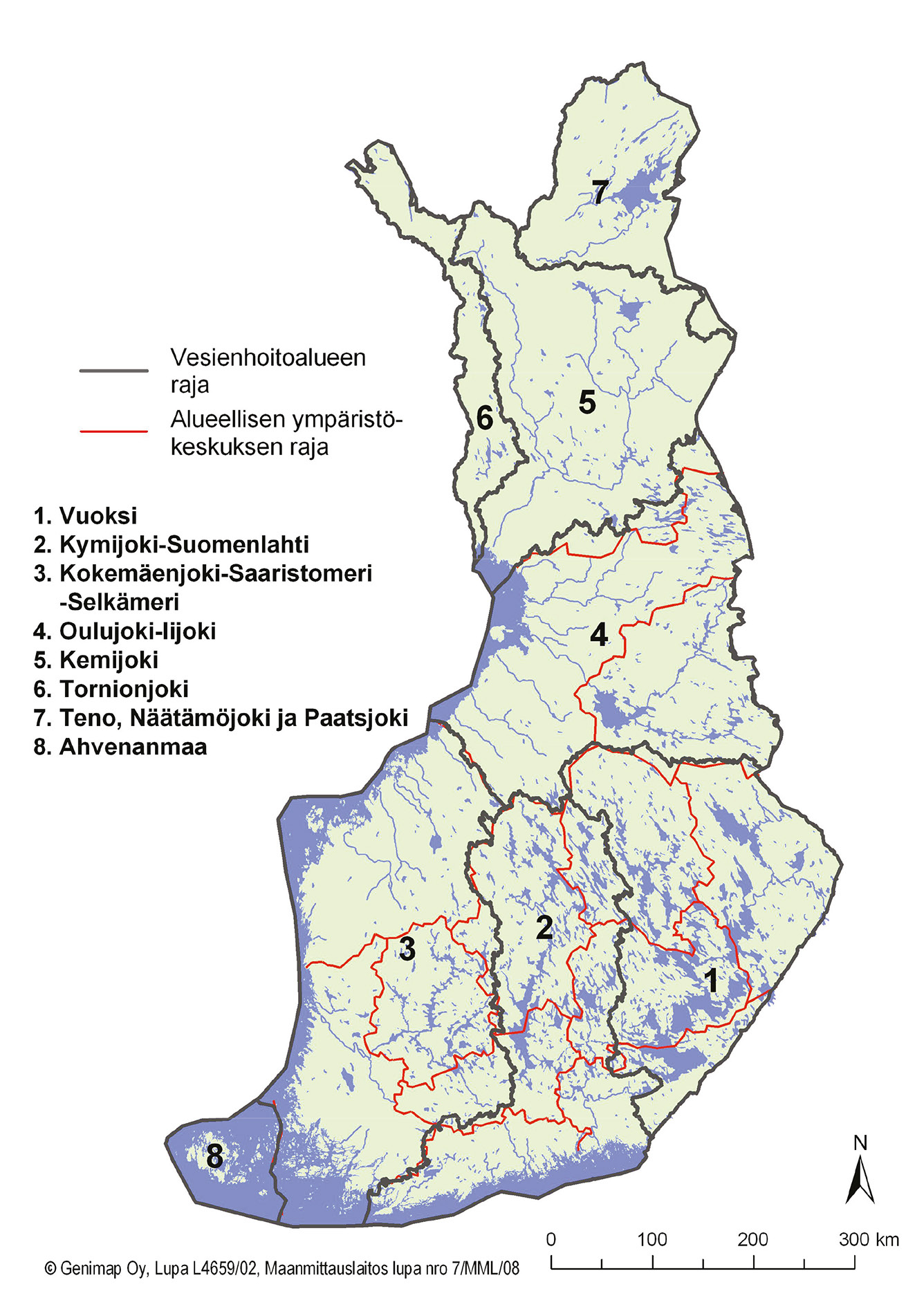 Kun tarkastelee Suomen vesienhoitoalueista laadittua karttaa (kuva 1.), huomio kiinnittyy muutamiin seikkoihin. Vesienhoitoalueet ovat huomiota herättävän laajoja kokonaisuuksia.