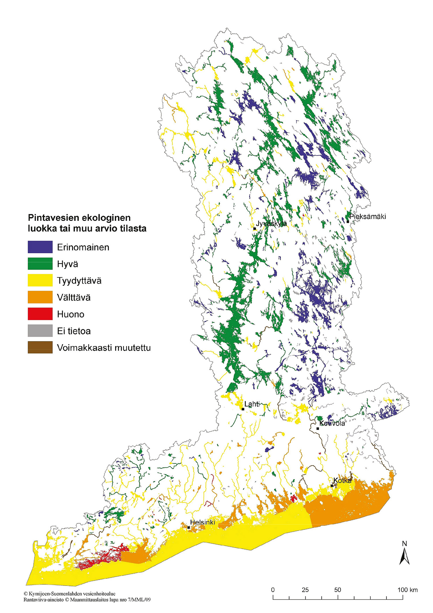 Tilaluokituksen syynä on erityisesti peltoviljelystä aiheutuva hajakuormitus. (Kymijoen Suomenlahden 2009, 78 79.) Keski-Suomessa on paljon reittivesiä, joten vesi vaihtuu järvissä nopeasti.