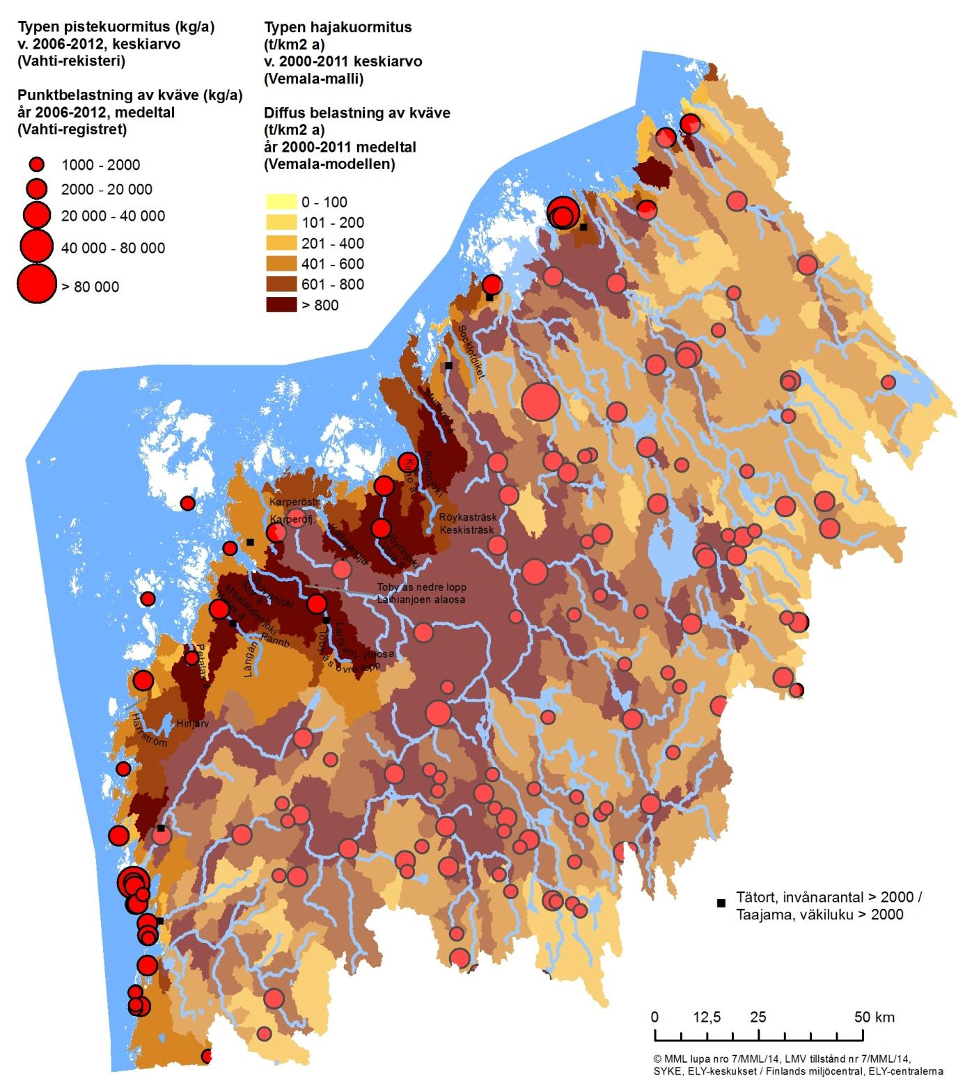 Kuva 4.2d. Arvio ihmistoiminnan kokonaistyppikuormituksesta vuosille 2010-2011/2012. 4.2.1 Pistekuormitus Yhdyskuntien ja teollisuuden jätevedet Yhdyskuntien jätevesiä puhdistetaan 13 jätevedenpuhdistamossa rannikolla.