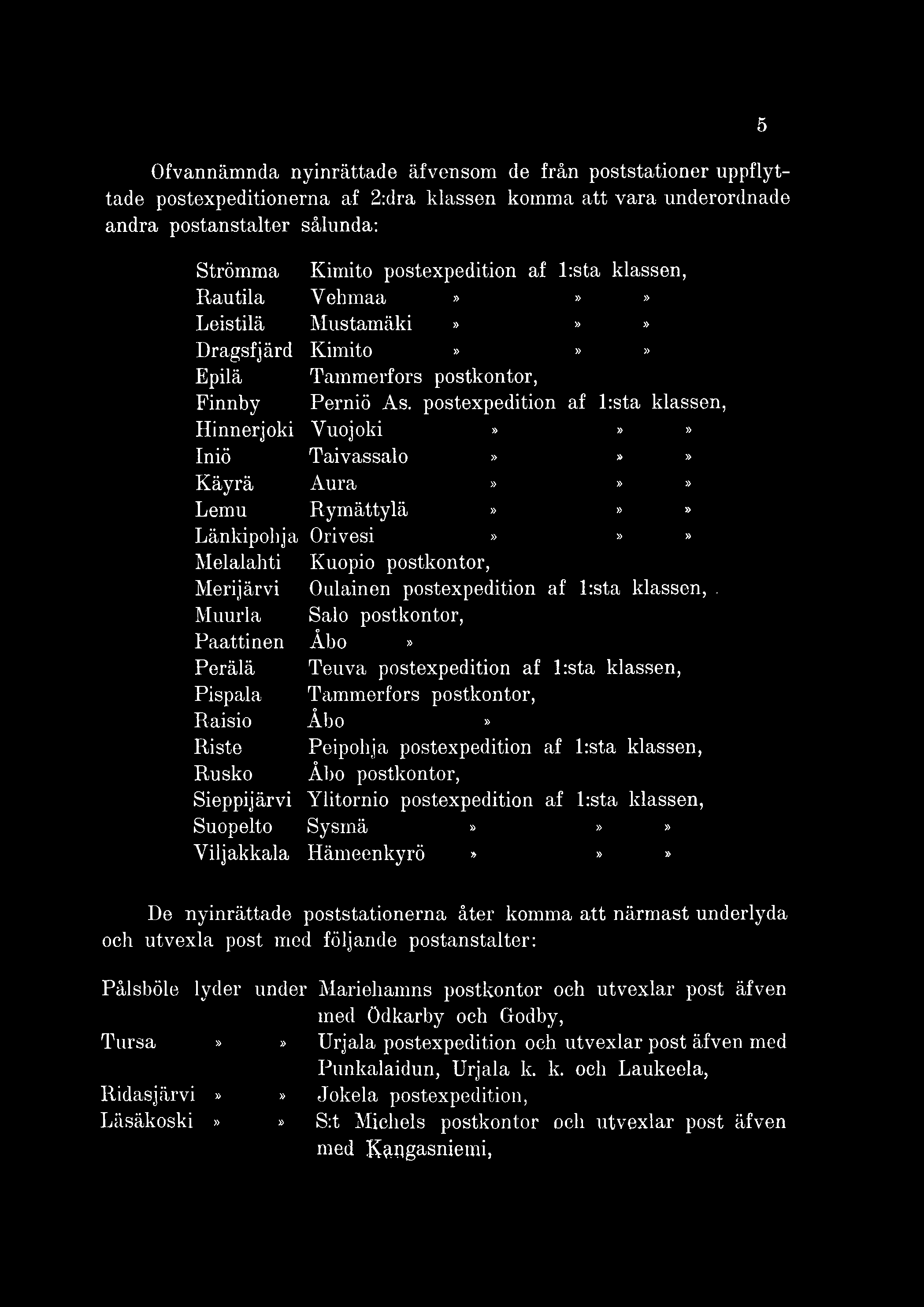 Ofvannämnda nyinrättade äfvensom de från poststationer uppflyttade postexpeditionerna af 2:dra klassen komina att vara underordnade andra postanstalter sålunda: Strömma Kimito postexpedition af l:sta