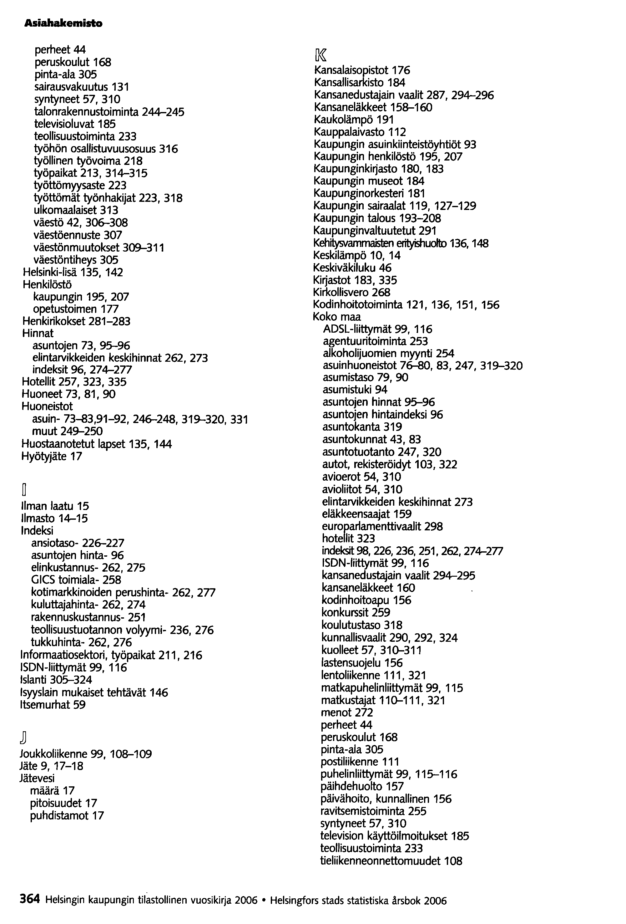 Asiahalcemisto perheet 44 peruskoulut 168 pinta-ala 305 sairausvakuutus 131 syntyneet 57, 310 talonrakennustoiminta 244-245 televisioluvat 185 teollisuustoiminta 233 työhön osallistuvuusosuus 316