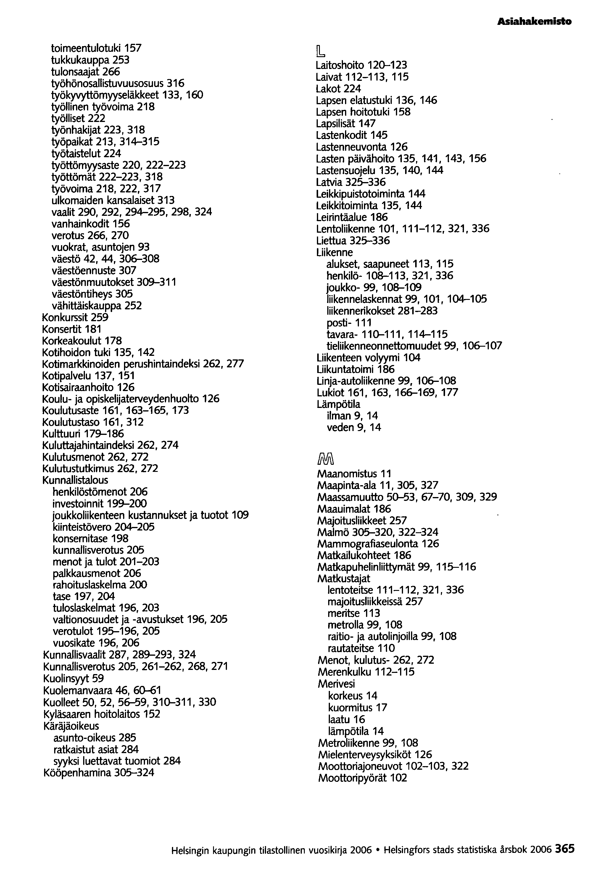 Asiahakemisto toimeentulotuki 157 tukkukauppa 253 tulonsaajat 266 työhönosallistuvuusosuus 316 työkyvyttömyyseläkkeet 133, 160 työllinen työvoima 218 työlliset 222 työnhakijat 223,318 työpaikat