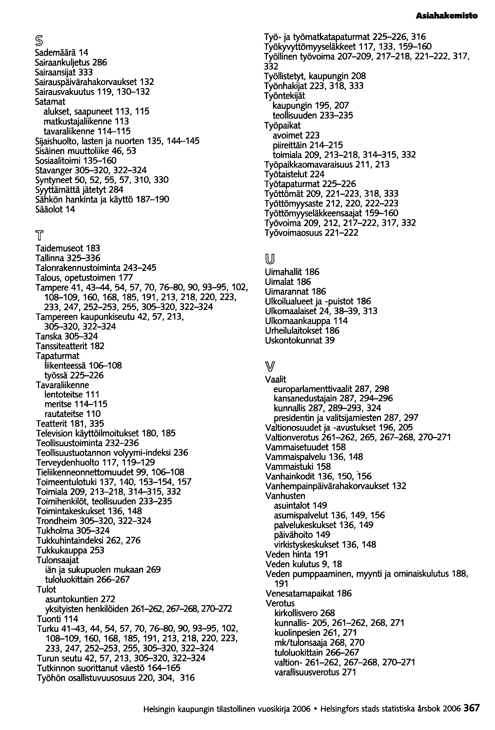 Asiahakemisto ~ Sademäärä 14 Sairaan kuljetus 286 Sairaan sijat 333 Sairauspäivärahakorvaukset 132 Sairausvakuutus 119, 130--132 Satamat alukset, saapuneet 113,115 matkustajaliikenne 113