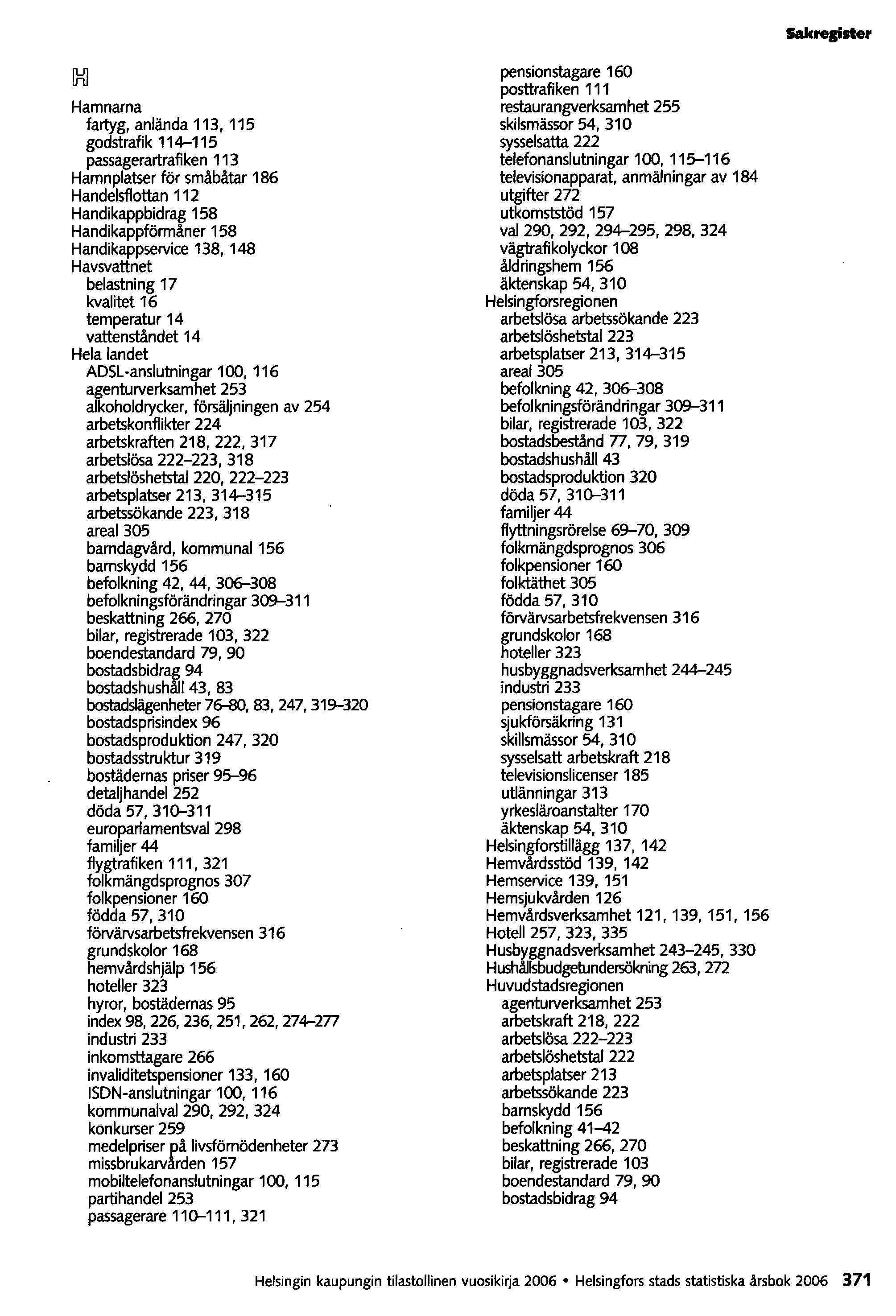 Sakregister Hamnarna fartyg, anlända 113, 115 godstrafik 114-115 passagerartrafiken 113 Hamnplatser för småbåtar 186 Handelsflottan 112 Handikappbidrag 158 Handikappförmåner 158 Handikappservice 138,