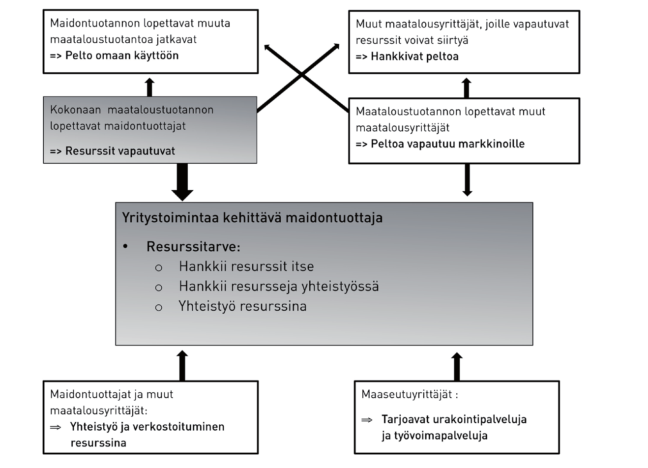 19 Kuvio 2.1. Resurssien siirtyminen ja maidontuottajan resurssitarpeen analyysin viitekehys. Merkittävimmät resurssit ovat pelto, työvoima ja maitokiintiö.
