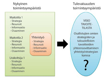 94 tilanteesta ja tulevaisuuden kuvasta. Yhteistyötä aloitettaessa tai kehitettäessä on tarpeen tehdä ympäristöanalyysi ja sisäisten resurssien analyysi.