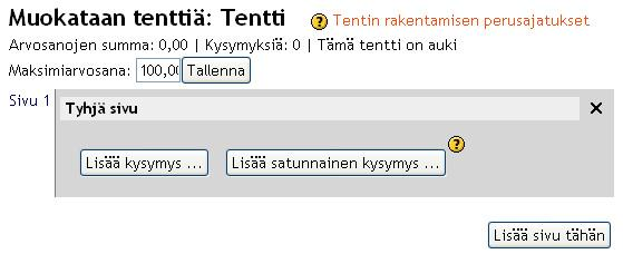 Tenttiin voi siis lisätä kysymyksiä kahdella eri periaatteella: - Kaikille opiskelijoille näytetään samat kysymykset tai - Kysymykset arvotaan opiskelijoille kategorioihin tallennettujen kysymysten