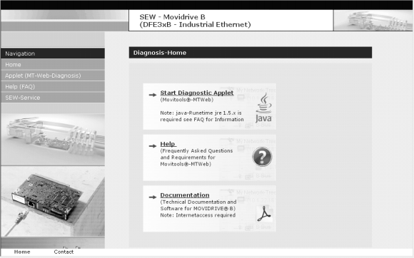 8 Sisäänrakennettu verkkopalvelin DFE32B-lisäkortilla varustetun MOVIDRIVE MDX61B:n aloitussivu 8.