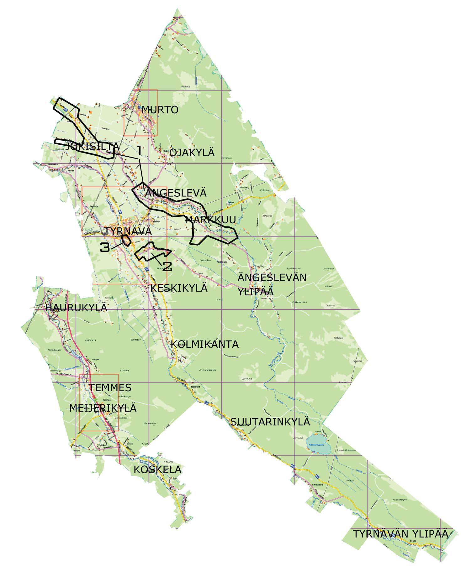 12 Liite: Kaava-alueiden sijaintikartta 1 Ängeslevänjokivarren kylien osayleiskaava 2 Tyrnävän kirkonseudun