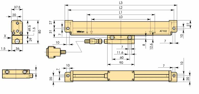 "Linear Scale" digitaalinen pituudenmittausjärjestelmä AT 102 Sarja 539 Pitkä malli Mittausalue 1600 3000 Ilmansyöttöreikä (M5) Mittasauvan asennuspinta Tarkkuus (20 C): (5 + 5 L 0 /1000) μm Maks.