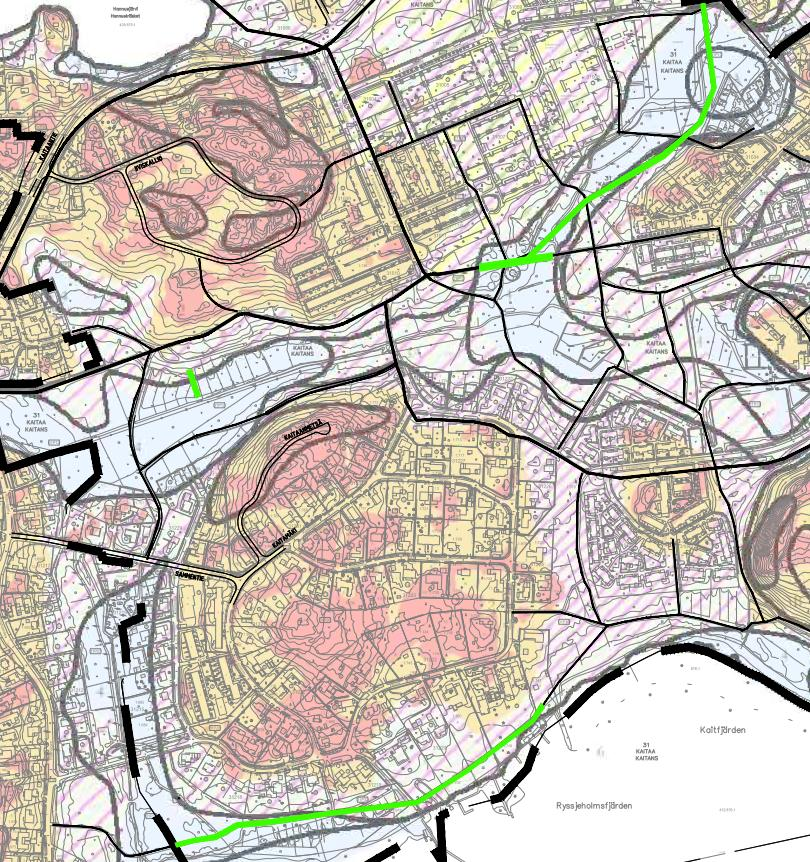 Osayleiskaavan koilliskulman Hannuspellon työpaikka- ja kaupallisten palveluiden alue (TP/km) sekä kehitettävä työpaikkojen ja asumisen sekoittunut alue (TP/A) jätetään tämän tarkastelun ulkopuolelle.