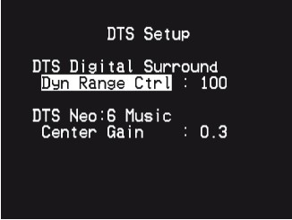 ASETUSTEN TEKEMINEN DTS SETUP -ASETUKSET Tässä valikossa voit säätää mm. dynamiikan tason.