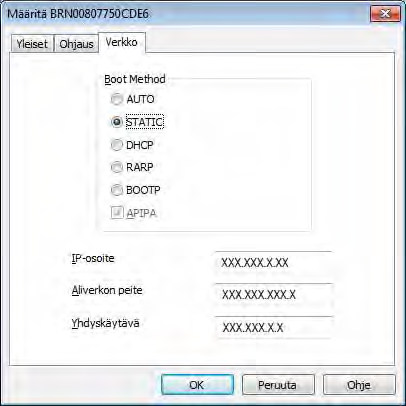 Tulostimen verkkoasetusten muuttaminen d Valitse [oot Method] -asetukseksi [STATIC].