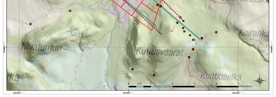 9 Kuva 5. Moreeni- ja MMI-näytteenottolinjat sekä tutkimuskaivannot Kuttusvaarojen alueella (Pohjakartat: Maanmittauslaitos, lupanro MML/VIR/TIPA/217/10; Kallioperätietokanta DigiKP Suomi, GTK.