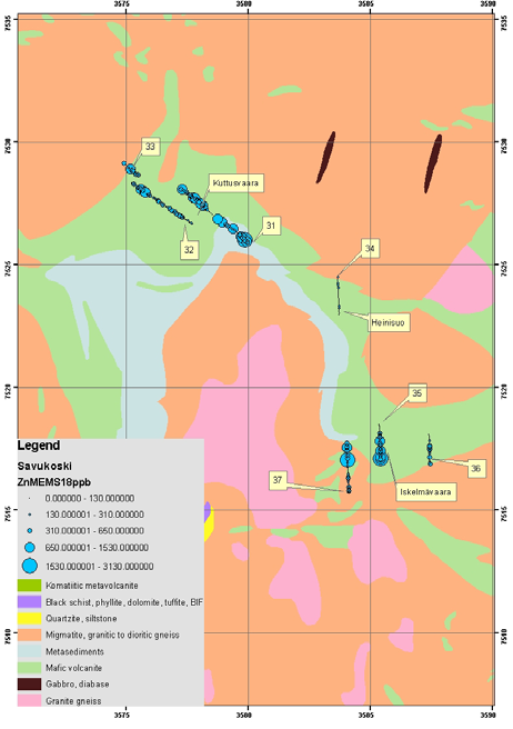 28 Kuva 22. MMI-profiilien hopea- ja sinkkipitoisuus (Kallioperätietokanta DigiKP Suomi, GTK. Versio 1.0, 17.11.2009). Figure 22.