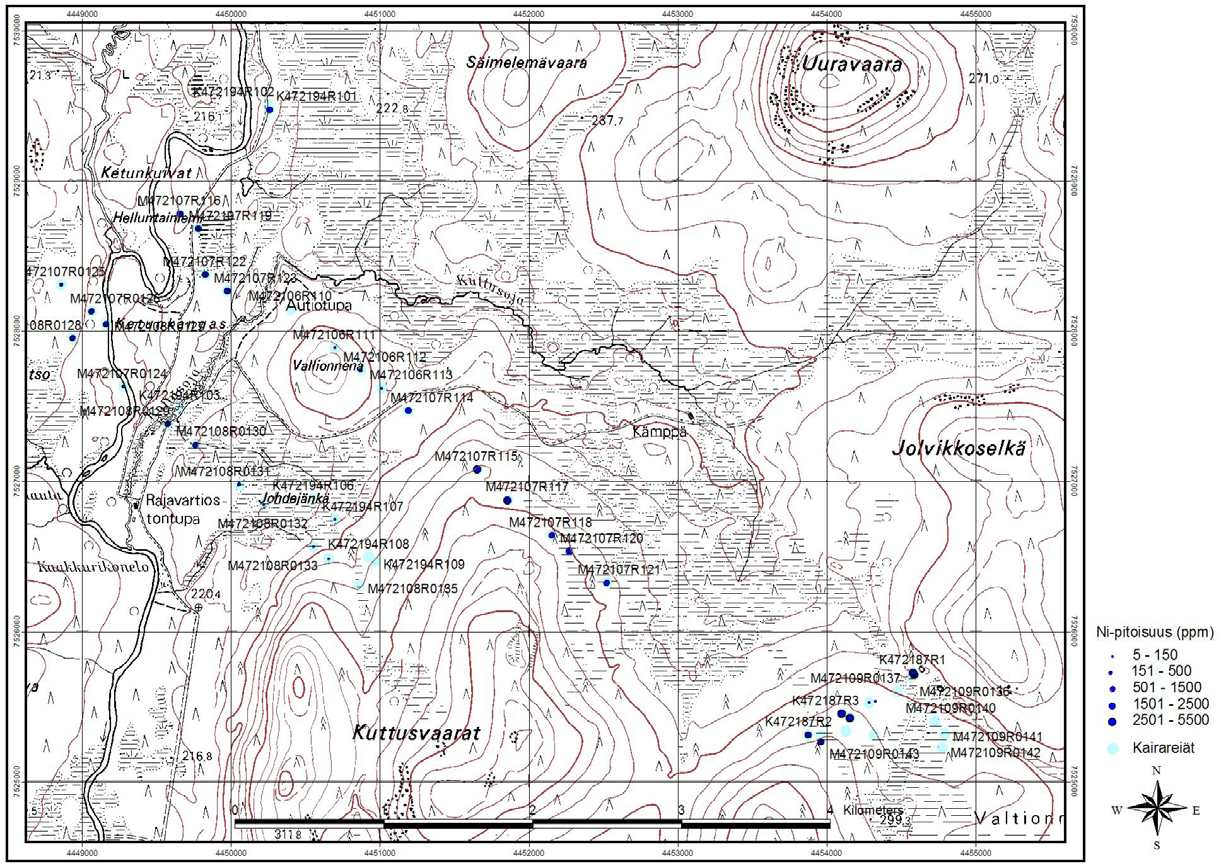 M06/4721/2009/67 Appendix 7 / Liite 7 Tumman siniset pisteet kairasydänten Ni-pitoisuuksia (ppm).