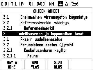 I - 2 Yleiset käyttötoimenpiteet paikoitusnäyttölaitteelle ND 780 Ohjeen näyttö Käyttöohjeissa annetaan tietoa ja opastusta kaikkiin tilanteisiin.