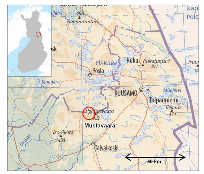 6 3 HANKKEEN YLEISKUVAUS 3.1 Mustavaaran kaivos Mustavaaran kaivosalue sijaitsee Taivalkosken kunnassa Taivalkosken ja Posion välillä noin 40 km Taivalkosken kuntakeskuksesta pohjoiseen (kuva 3).