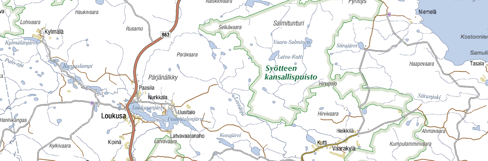 Uhanalaiset lajit Pahkasuo SSO120473 Soidensuojelualueet Natura 2000-alueet ja kansallispuistot Syötteen kansallispuisto KPU 110033/ Syöte FI1103828 kalliokoukerosammal kantokorvasammal Mustavaara