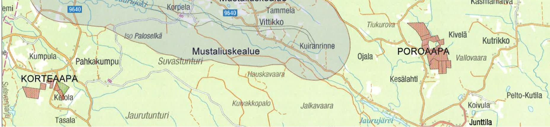 Kuva 7-5. Poroaavan hankealuetta lähimmät mustaliuskealueet (tummennettu alue) (Vapo Oy). Maaperä Poroaavan hankealueen länsipuolella kulkeva tie (19849) seurailee hiekkaista harjujaksoa.