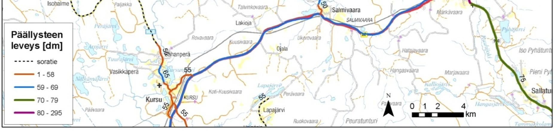Kuva 7-19. Tieverkon kestopäällysteen leveys (dm) sekä sorapintaiset tiet ja niiden leveydet (Tierekisteri 2012) (Pohjakartta Karttakeskus Oy, Lupa L10055/13). 7.8.