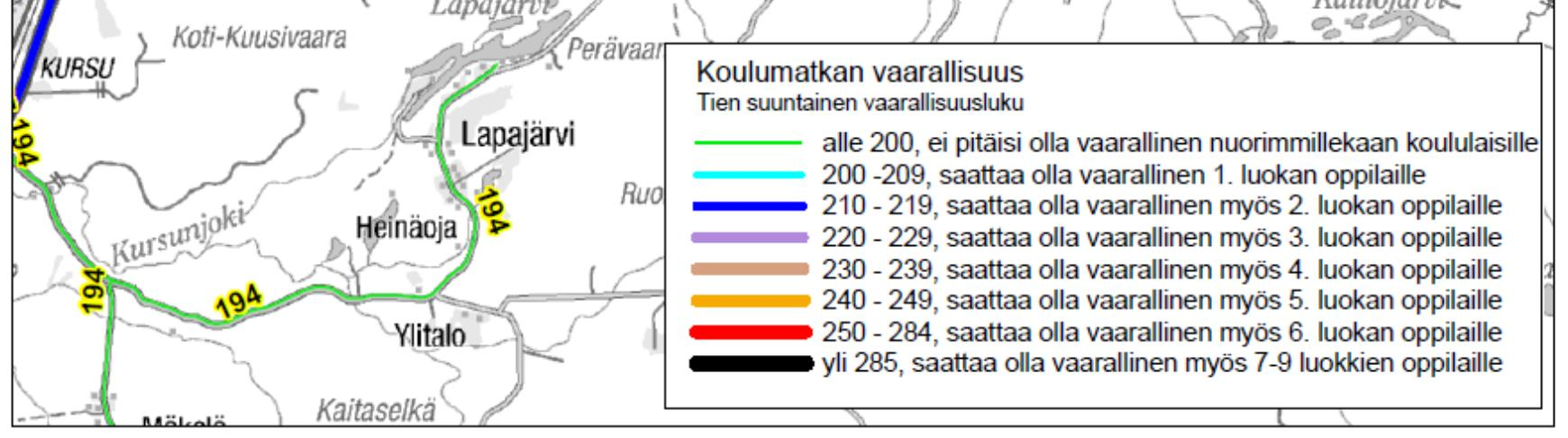 Kuva 7-22. Koulureittien vaarallisuus kaikkien suunniteltujen turvetuotantoalueiden toteutuessa (Pohjakartta Karttakeskus Oy, L10055/13).