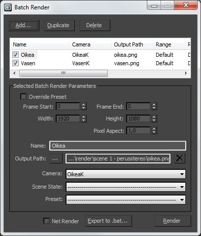 Kuva 12. Batch render-valikko esimerkkityölle Kuten kuvasta 12 näkyy, on renderit nimetty kameroiden mukaan.