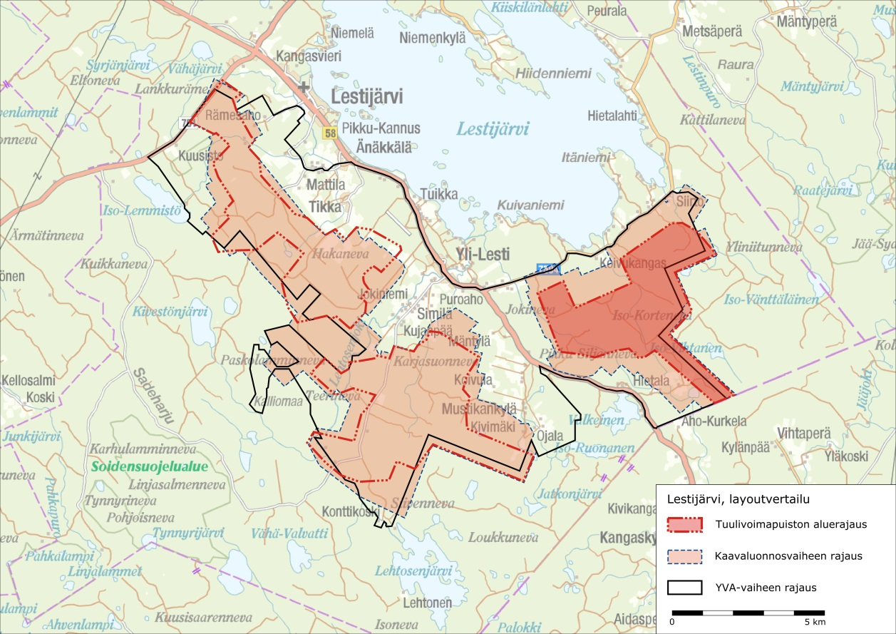 km 2. Maat jakautuivat vaihtoehdoissa kahteen alueeseen. Toinen niistä oli Itäniemen Valkeisen välinen alue ja toinen sijoittui Mattila Änäkkälä Konttikoski-alueelle.