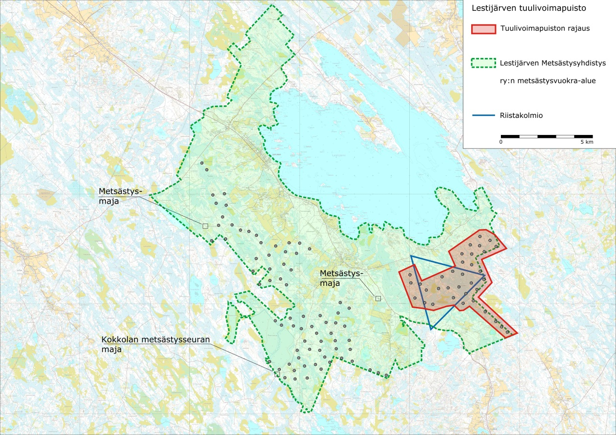 Kuva 67. Lestijärven Metsästysyhdistys ry:n metsästysvuokra-alueet sekä riistakolmio tuulivoimapuiston suunnittelualueella ja sen läheisyydessä.